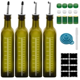 17oz 4 Pcs Scale Olive Oil Dispenser Bottle,500ml Glass Oil and Vinegar Dispenser Set with 4 Stainless Steel Pourers, 8 Labels,Funnel Oil Bottles for Kitchen (Green)