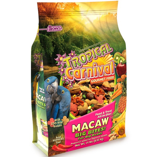 F.M. Brown's Tropical Carnival, Gourmet Macaw Food Big Bites for Big Beaks - Seeds, Veggies, Fruits, and Nuts with Probiotics - 14 lb