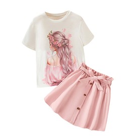 Floerns Girl's 2 Piece Outfit Figure Graphic T Shirt and Belted Button Skirt Set White and Pink 9Y