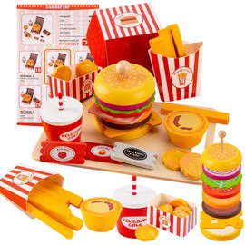 Embosomitr Wooden Hamburger Burger Fast Food Toy Set for kids kitchen Stacking Toys - 33Pcs Pretend Play Food Toy Kitchen Accessories for Toddlers Age 3+ Stacking Toys Montessori Learning Toys