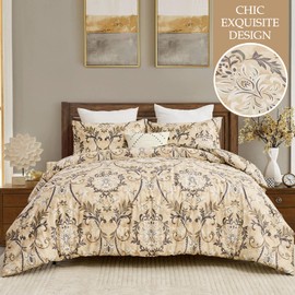PlushVibes Brown Damask Queen Comforter - 3-Piece 100% Organic Cotton Floral Luxury Queen Size Comforter Set, Lightweight 400TC Vintage Elegant Medallion Victorian Botanical Bedding Set, 90"x90"