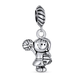 Cheerleader Girl Sport Dangle Bead Charm .925 Sterling Silver