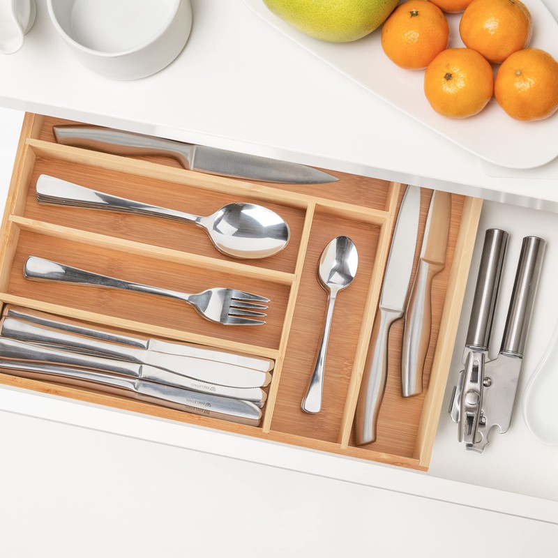 Relaxdays Bamboo Cutlery Tray with 6 Compartments for Kitchen Cutlery