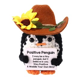 TOYMIS Positive Penguin, Handmade Crochet Sunflower Penguin with Cowboy Hat Crochet Animals Inspirational Doll with Uplifting Card for Office Home Desk Decoration