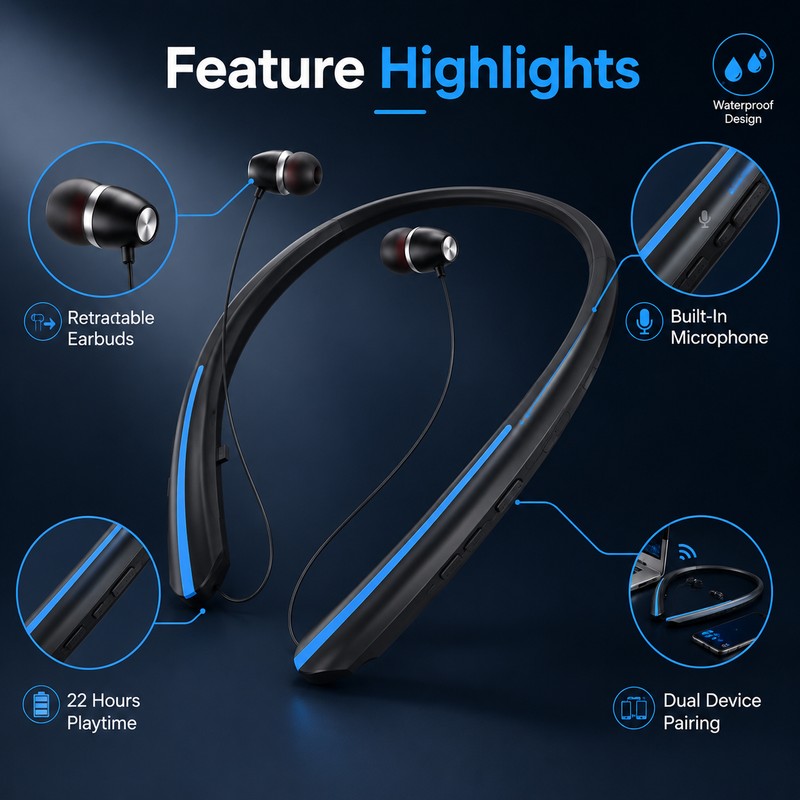 Neckband Bluetooth Earbuds for Calls & Music – Retractable Wireless