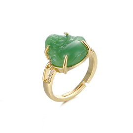 COLORFUL BLING 18k Gold Plated Laughing Buddha Ring Green Jade Cubic Zirconia Gemstone Open Cuff Adjustable Lucky Amulet Jewelry for Women Men-Green Necklace Set