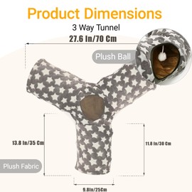 LUCKITTY Cat Tunnel Toy- 3 Way-Shaped, Gray Star Pattern, Soft Velvet Exterior, Oxford Fabric Fog-Proof Interior, Plush Toy Ball, Easily Washable, Conveniently Foldable