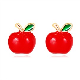 Teacher Small Stud Earrings for Women Gold Plated Funny Cute Enamel 3D Mini Red Fruits Lightweight Tiny Earrings for Minimalist Teacher's Day Back to School Christmas Party Fashion Jewelry Gifts (Red fruit studs)