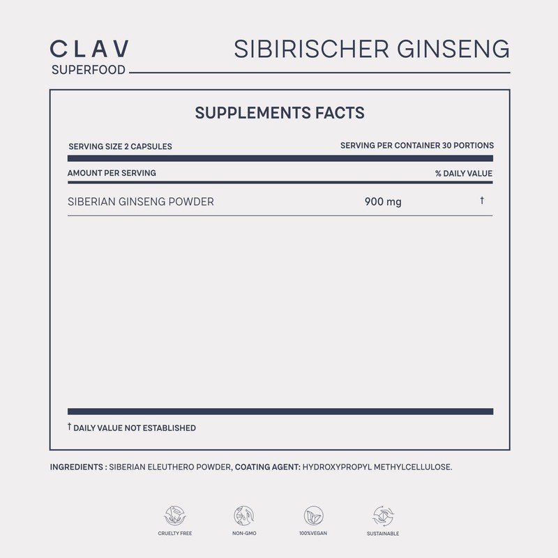 CLAV® Siberian Ginseng - 900mg Eleuthero Root Powder - Energy