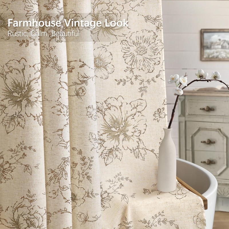 NDDYCU Farmhouse Floral Linen Shower Curtain, Vintage Beige Pattern Rustic