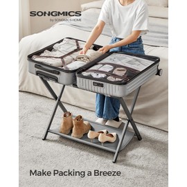 SONGMICS Luggage Racks for Guest Room, Set of 2, Suitcase Stand with Storage Shelf, Steel Frame, Foldable for Easy Storage, Hotel, Bedroom, Slate Gray URLR003G02
