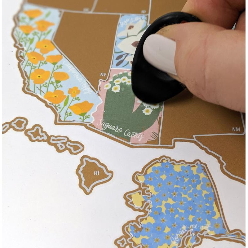 Jetsettermaps Scratch Your Travels USA State Flowers Map - Colour: