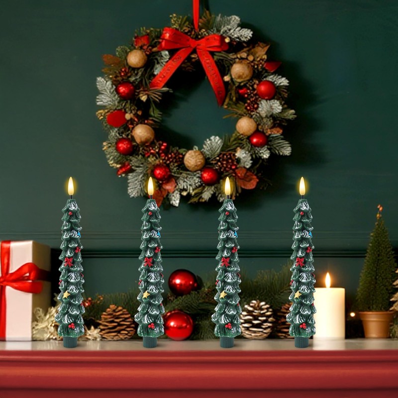 GQIRIL Christmas Tree Flameless Taper Candle - 4PCS Xmas Waxy
