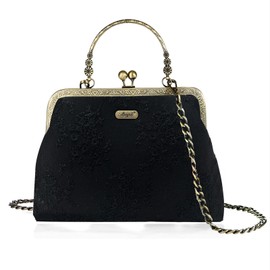 Abuyall Floral Top Handle Handbag Chain Strap Women Kiss Lock Canvas Frame Shoulder Bag Black-lace