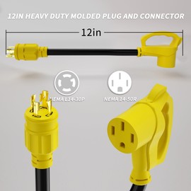 PlugSaf 4 Prong 30 Amp to 50 Amp RV Generator Adapter Cord, NEMA L14-30 Twist Lock Male Plug to NEMA 14-50 Female Plug, 12 Inch(1 FT) 10 Gauge STW Power Cord, Max 30A 125V/250V, Yellow, ETL Listed