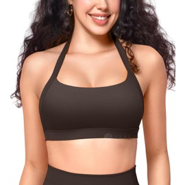 ZAAYO Women's Sports Bra Backless Halter Fitness Bra Sports Bra Padded Push Up Bra Medium Support Fitness Yoga Tops, Cocoa, XL