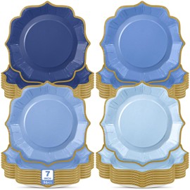 Potchen 96 Pcs Dusty Blue Dessert Plates 7 Inch Gradient Blue Scalloped Disposable Party Paper Plate for Summer Wedding Birthday Baby Shower Party Supplies, 4 Colors