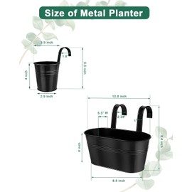 Metal Hanging Flower Pots for Railing Fence - 10 PCS Black Large Hanging Planter for Balcony, Small Metal Iron Buckets with Removable Hooks & Drainage Holes Outdoor Garden Home Decor (11 & 4 Inch)