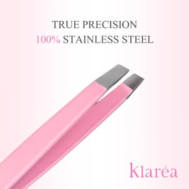 Klaréa Professional Slant Tip Tweezer for Men & Women – Precision Stainless Steel Eyebrow Tweezer with Leather Travel Pouch – for Facial Hair, Ingrown Hair & Splinter Removal (Pink)