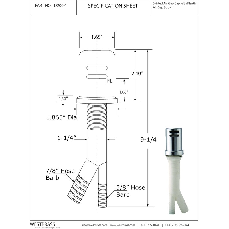 Westbrass Air Gap Kit with Skirted Brass Cap, Polished Brass,