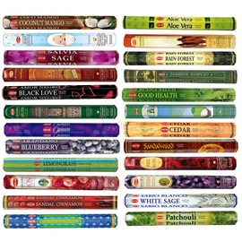 HEM Incense Sticks - 18 unique and premium flavours - Such as but not limited to Sandalwood, Lavender, White Sage, Patchouli, Coconut Mango, Good Health, Lemon Grass with SAMASIA incense holder