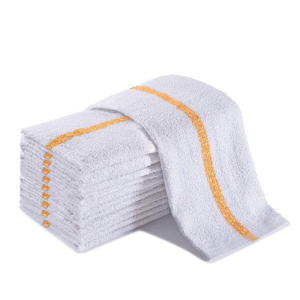 Groko Textiles Universal Cleaning Towels, Gold Striped-White Bulk 36 Pack, 16” X 19” 100% Cotton Fully Bordered Commercial Grade Terry Weave Cloth Bar Mops for Everyday Restaurant or Home Use