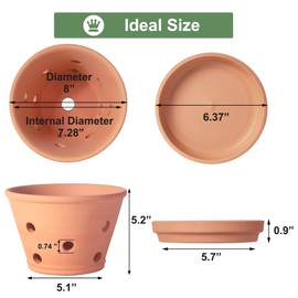 8 inch Terracotta Orchid Pots with Holes and Saucers, 2 Pack Clay Orchid Planter Pots for Repotting, Large Terra Cotta Orchid Pot, Plant Flower Pots for Orchid Indoor Outdoor Promotes Air Circulation
