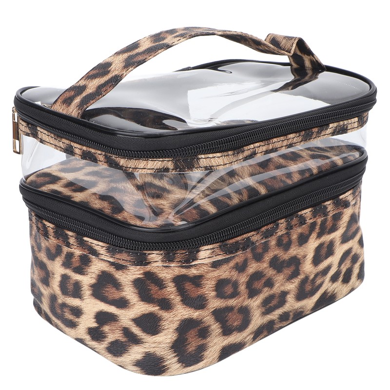 Double Layer Cosmetic Bag PVC Leopard Print Design Portable Large
