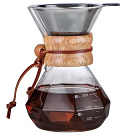 COFISUKI Cafetera con filtro de goteo de acero inoxidable reutilizable, jarra de café de vidrio borosilicato sin plomo con collar de madera moderno para 1-2 tazas, transparente de diamante (400 ml/14
