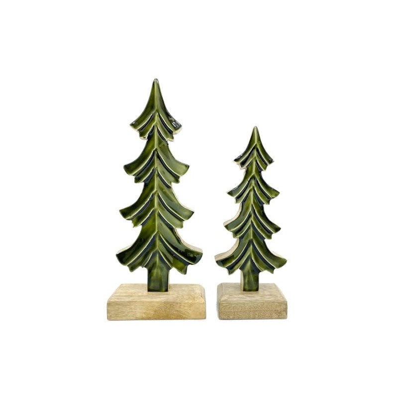 Wood Tree Decor - Set of 2 Green Glazed Wooden