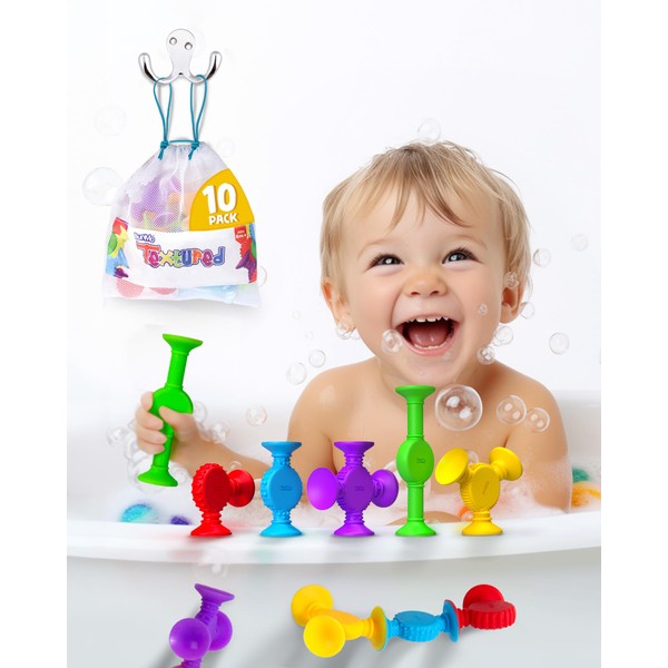 BUNMO Textured Suction Bath Toys 10pcs | Connect, Build, Create | Mold Free Bath Toys for Kids Ages 1-3 | Bath Toys Toddlers 1 2-3 2-4 Year Old Toys |Baby & Toddler Stocking Stuffers Toys