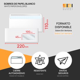 White Envelopes, Paper Envelopes, American Paper Envelopes with Window Right, Shipping Envelopes for Documents, Envelope with Peel and Seal Paper, White, Size 220 x 110 mm - SIDI (Pack of 100)