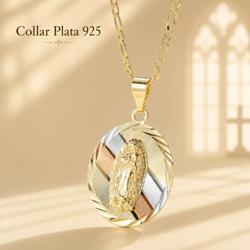 Collar Virgen Guadalupe Plata 925 Oro 14k Tricolor Regalo