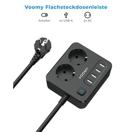 VOOMY 6-in-1 Steckdosenleiste mit USB, Steckdosenadapter 2 Fach mit 4 USB, Mehrfachsteckdose mit Schalter (4000W), Steckerleiste Überspannungsschutz mit 2M Kabel, Schwarz