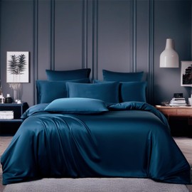 Boqingzhu Bamboo Bed Linen 135 x 200 cm Petrol Blue Plain Single Bed Luxury Lyocell Silk Bed Linen Set Duvet Cover with Zip and Pillowcase 80 x 80 cm