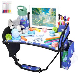 WENRENER Kids Travel Tray for Car-Car Seat Tray for Kids Travel, Carseat Table Top for Toddler Road Trip Essentials With Drawing Kit, Kids Lap Desk Organizer for Car, Airplane (Blue Dinosaur)