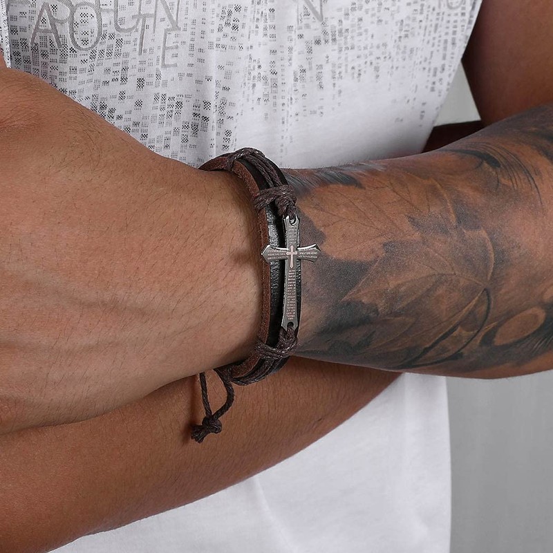 Branets Mens Leather Bracelet Bible Text Cross Bracelet Adjustable Wristband