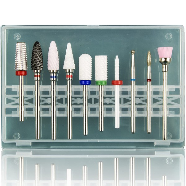 Ceramic Nail Drill Bits for Acrylic Nails 3/32 Diamond Tungsten 5 in 1 Carbide Nail Bits nail bit Included for both Left and Right Handed Efile Drill Machine 10 pcs (S10-E)