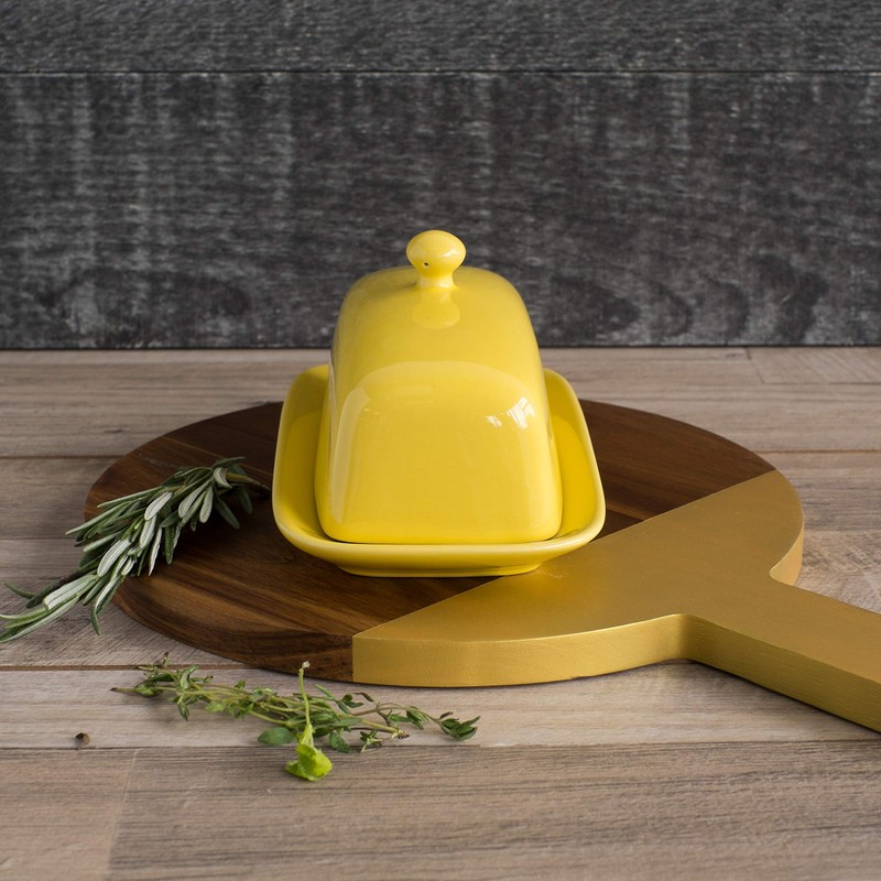 Now Designs Stoneware Rectangle Butter Dish with Lid, Lemon Yellow
