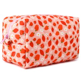 SOIDRAM Pink Makeup Bag Quilted Cosmetic Bag Puffy Coquette Makeup pouch Aesthetic Strawberry Cute Travel Toiletry Bag Large Organizer cotton Makeup Brushes Storage Bag for Women