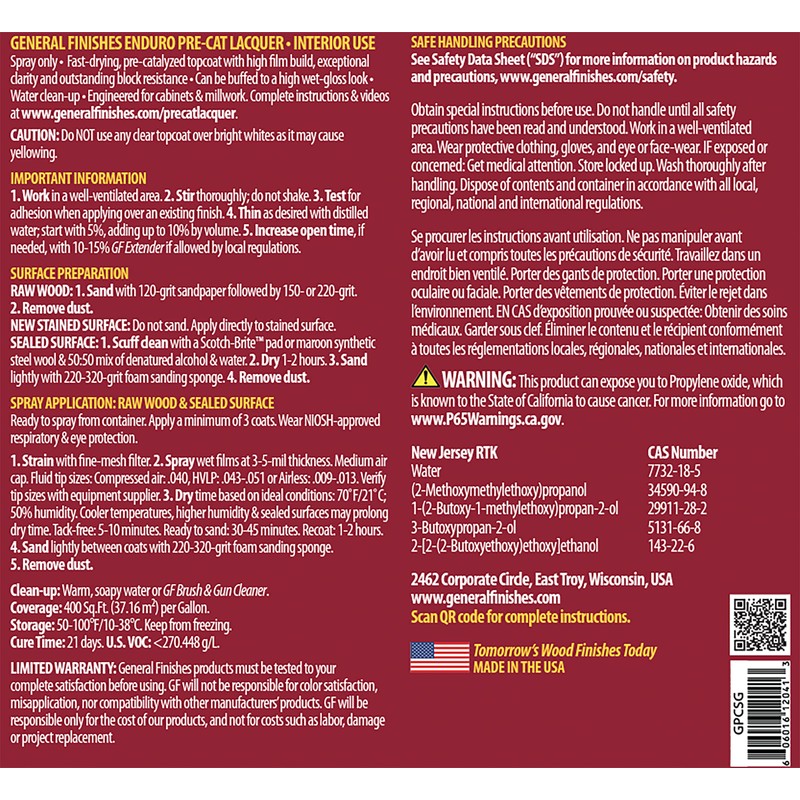 General Finishes Enduro Pre-Cat Lacquer, 1 Gallon, Semi-Gloss