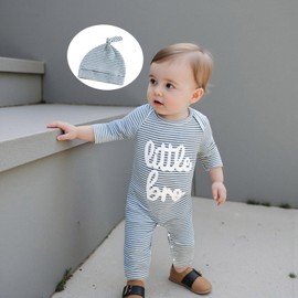Barbotimer Little Brother Newborn Outfit Embroidery Waffle Striped Rompers Long Sleeve Jumpsuit Retro Long Sleeve Bodysuit Hat Cute 2Pcs Coming Home Fall Winter Clothes (Blue, Newborn)