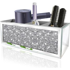 Soporte para secador de pelo con espejo. (4 compartimentos). Organizador de herramientas para el cabello Crystal Crush Diamond para montaje en pared. Bandeja plateada para clóset de baño