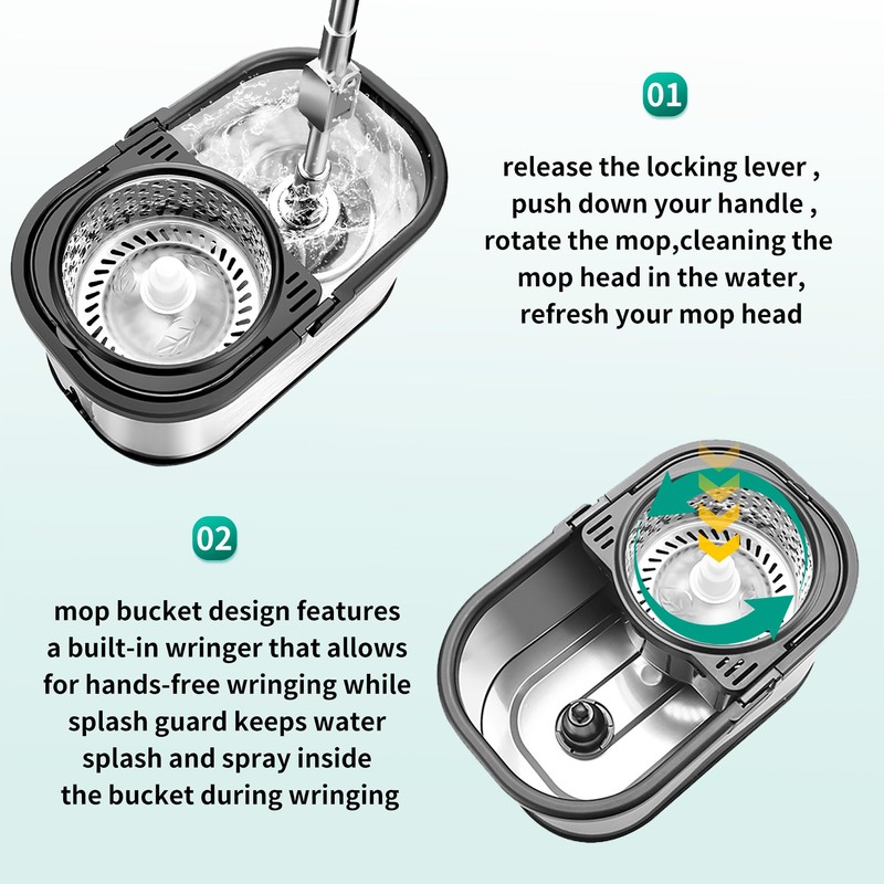 Stainless Steel Spin Mop and Bucket with Wringer Set, 360°