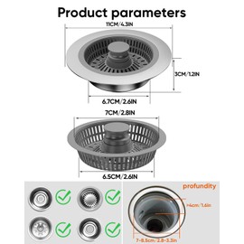 Drain Plug and Drain Strainer Kitchen Sink, Pack of 2 3-in-1 Pop-Up Floor Drain Filter Made of Stainless Steel for Standard Drains, Ideal Protective Devices for the Kitchen Sink