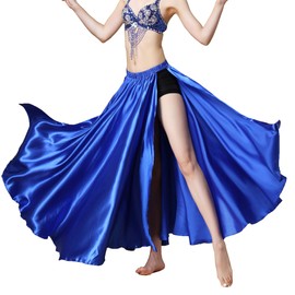 MUNAFIE Belly Dance Skirt Two Side Slit Satin Skirt Dark Blue