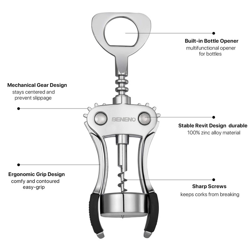 Beneno Wine Opener, Zinc Alloy Premium Wing Corkscrew with Multifunctional