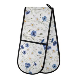 QwThum Oven Mitts Pot Holder High Heat Resistant Double Kitchen Oven Mitt Soft Cotton Lining Hot Pads Thick Gloves for Cooking Banquet BBQ Thanksgiving Daisy White