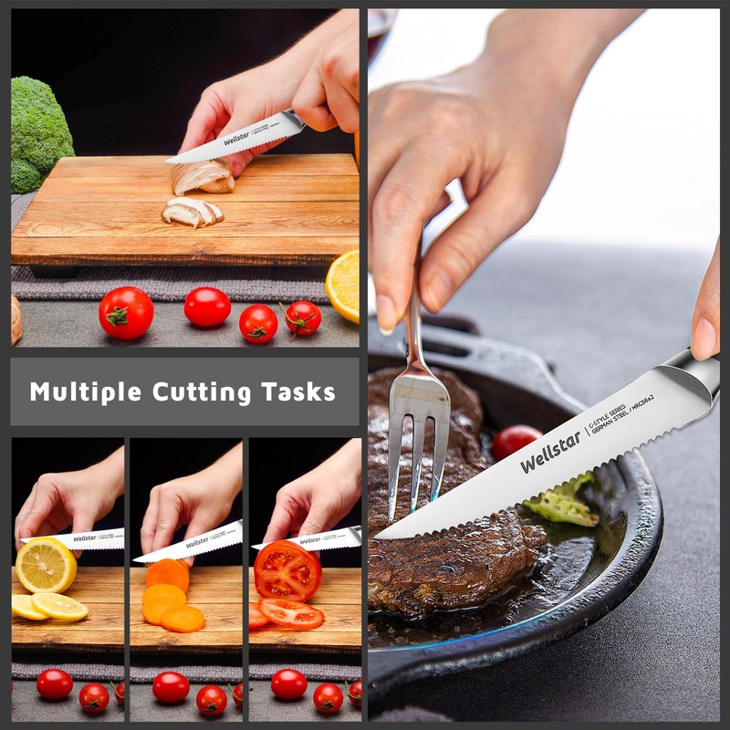 WELLSTAR Steak Knives Set of 8 with Wood Block, 4.75
