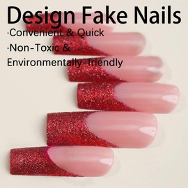 QQPPOLIU Red Press on Nails Long Nail Press Ons Square Fake Nails Glitter French Tip Glue on Nails for Women 24pcs